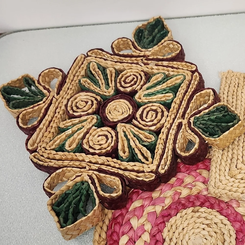Lot 3 vintage‎ woven straw boho heat pad trivets